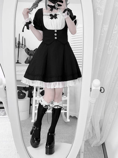Puff Design White Sleeves Full Jirai Trim Black Corset Kei Dress Lace Belt Set- and