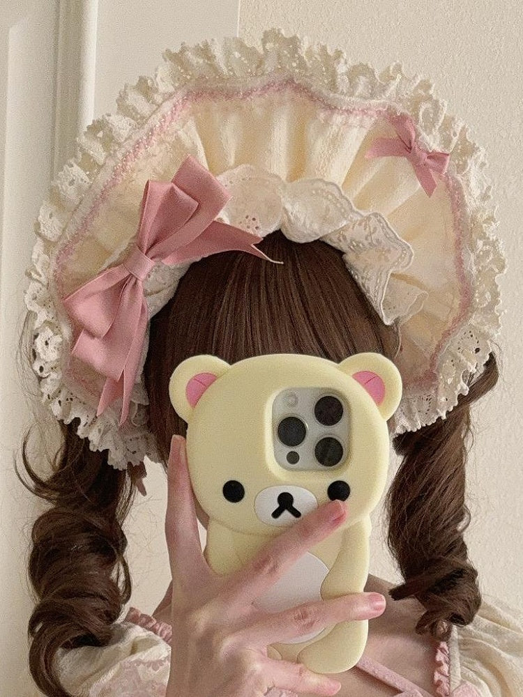 School Old Pink Trim Bonnet Lace Lolita Yellow With Bowknot Details