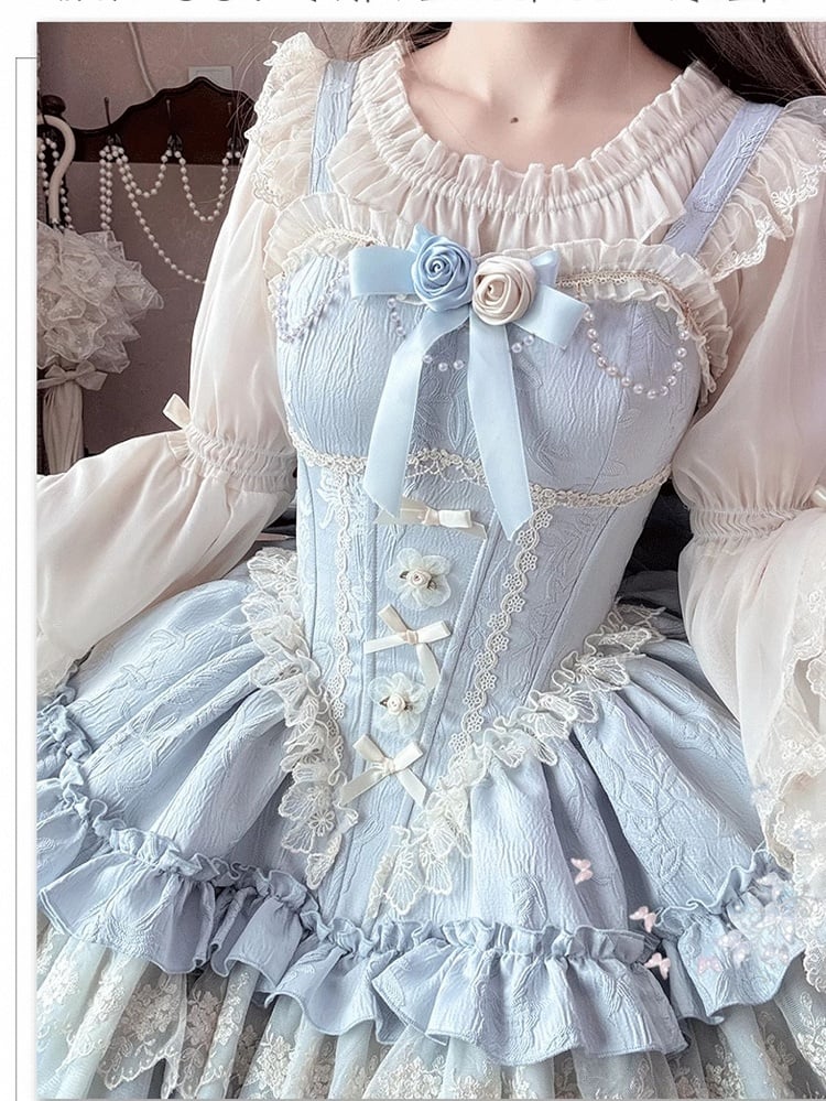 Blue Big Puffy Dress Hime Lolita Balletcore Bow Fabric Train JSK Boned Basque Waist Jacquard with