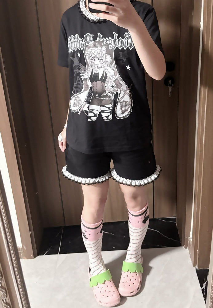 Ruffled Polka-dot Kei T-Shirt Collar Black Anime Girl Print Jirai