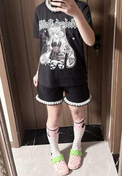 Ruffled Polka-dot Kei T-Shirt Collar Black Anime Girl Print Jirai