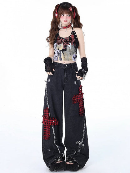 Wide Leg Punk Crosses Distressed Black Holes Plaid Jeans Red