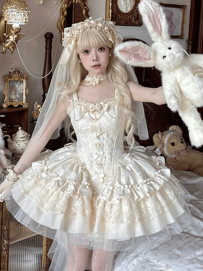 Puffy Dress Fabric with Boned Basque Waist Jacquard Beige JSK Big Hime Lolita Balletcore Bow Train