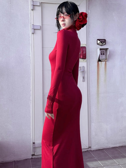 Gothic Red Coffin Cutout Cross Details High Neck Mermaid Skirt Maxi Dress