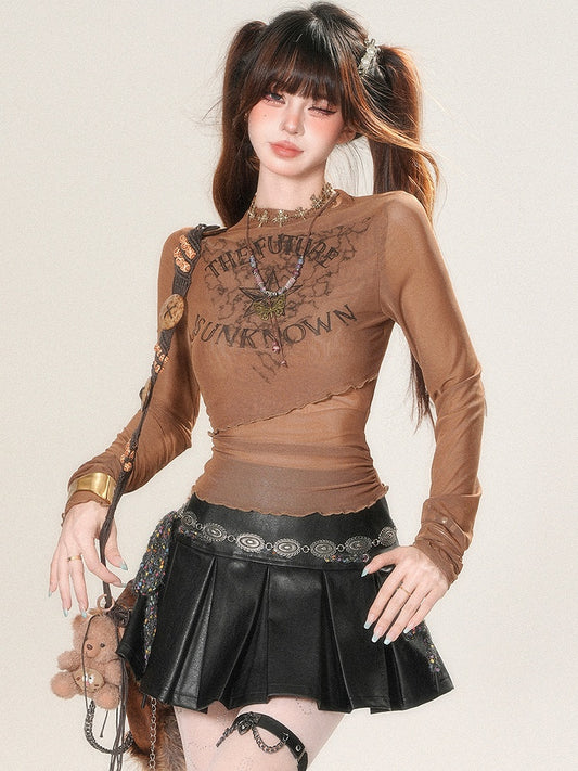 Glamorous Letter And Bittersweet Print Sleeves Star Top Brown Long