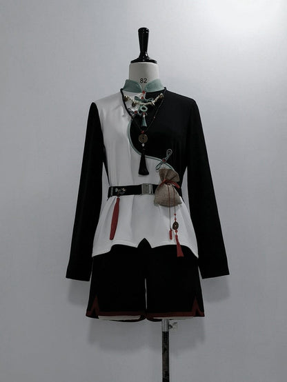 and Banded Buttons Long Sleeves White Knot Black Collar Ouji Fashion Green Top
