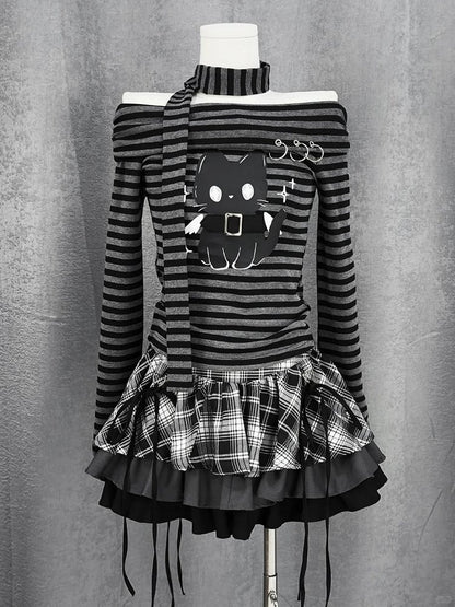 Gray Striped Top Neckline Black and Scarf with Bittersweet Kitten Print Off-the-shoulder