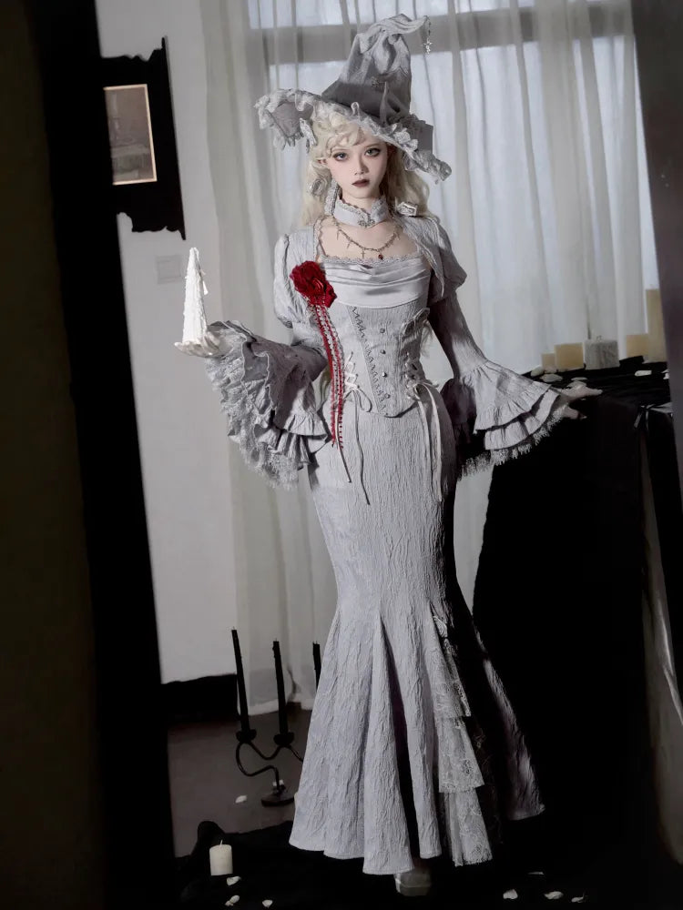 Silver Gray Spider Web Witch Hat Spider and Rose Bowknot Decorated