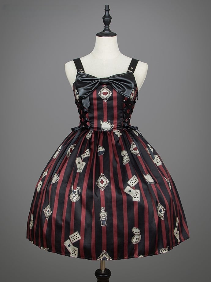 Card Punk Lolita Dress Red with Playing and Black Striped Prints
