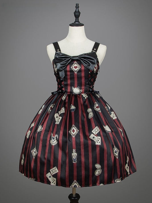 Card Punk Lolita Dress Red with Playing and Black Striped Prints