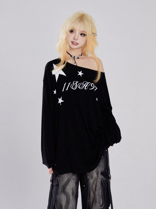 Black Asymmetrical Neckline Letter Print Top Loose