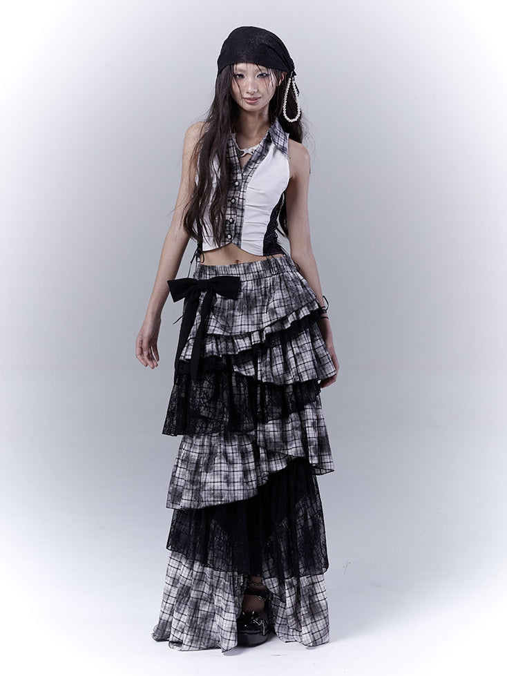 Shirt Black Plaid Collar Side 	Pattern Cropped Sleeveless Top with Lace-up Details