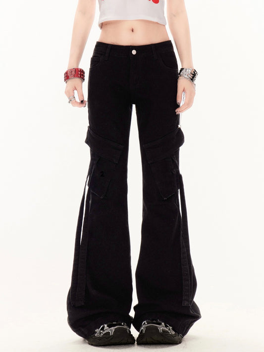 Black Low Rise Slim-Fit Flared Cargo Pants