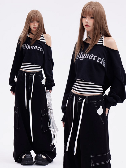 Glamorous Cropped Asymmetrical Neckline Sweatshirt Set with and White Black Top Striped Tank