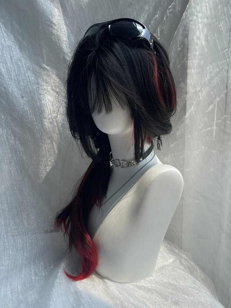 Black Red Highlight Hime Cut Long Straight Halloween Synthetic Wig