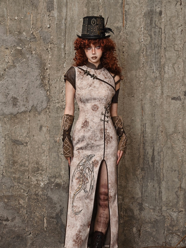 Steampunk Asymmetrical Sleeves Dragon Embroidery Dress