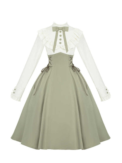 Spring Sleeves Ruffle Neckline Fake Lolita Dress Light Green Long Design and Classic Two-pieces Beige