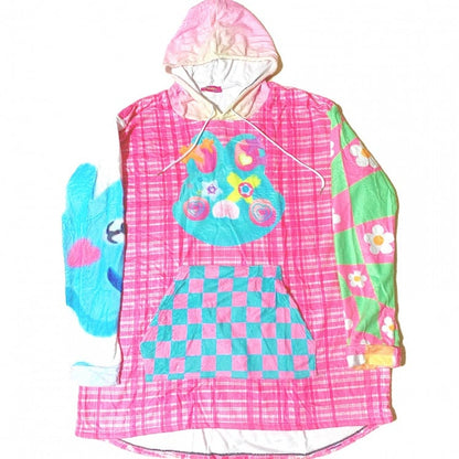 Colorful Oversized Floral And Pattern Hooded Cartoon Print Y2K Dress Plaid