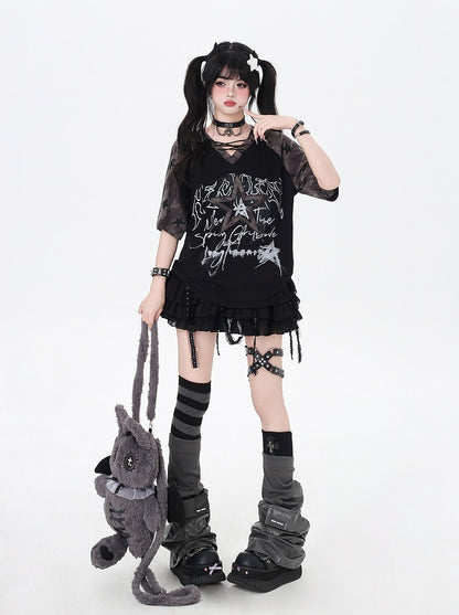 Design Lace-up V-Neck Star T-Shirt Loose Black Colorblock Print