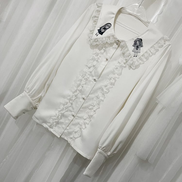 White Ouji Lolita Doll Flat Collar Long Sleeves Shirt