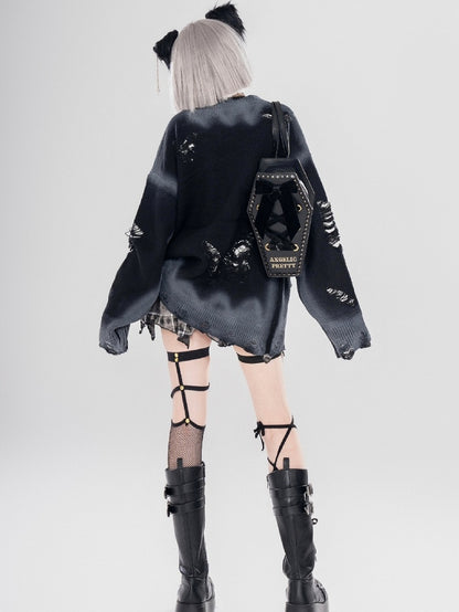 Y2K Black/Grey Butterfly Shaped Distressed Holes Round Neck Sweater