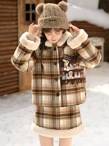 Brown Cute Little Bears Applique Plaid Hooded Woolen Coat Short Version