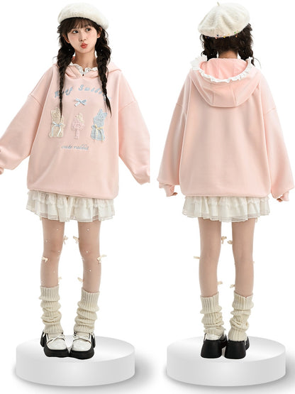 Pink Cute Crocheted Bunnies Details Fleece Lined Hoodie