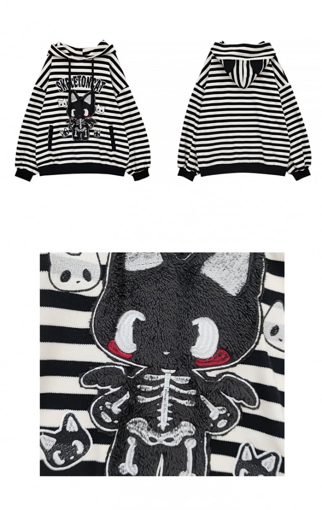 Y2K Skeleton Kitty Black and White Striped Hoodie