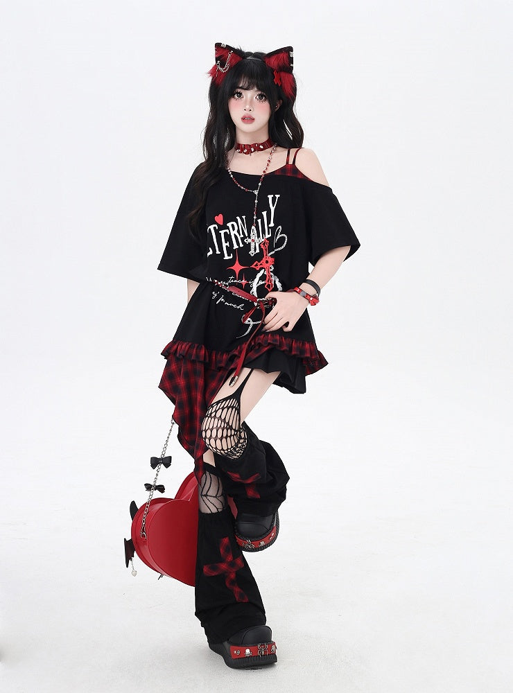 Asymmetrical Red/Purple Plaid Hem Black Punk Rock Graphic T-Shirt