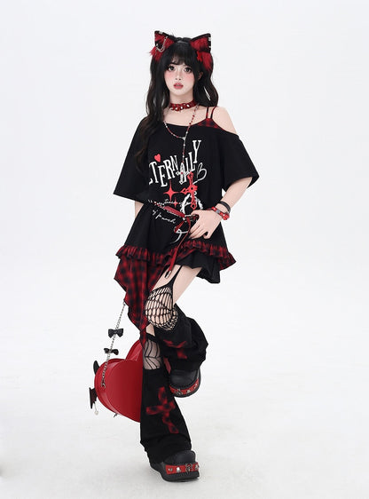 Asymmetrical Red/Purple Plaid Hem Black Punk Rock Graphic T-Shirt