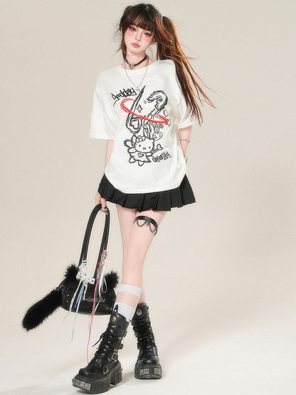 Kawaii Kitty Print T-shirt Daily White