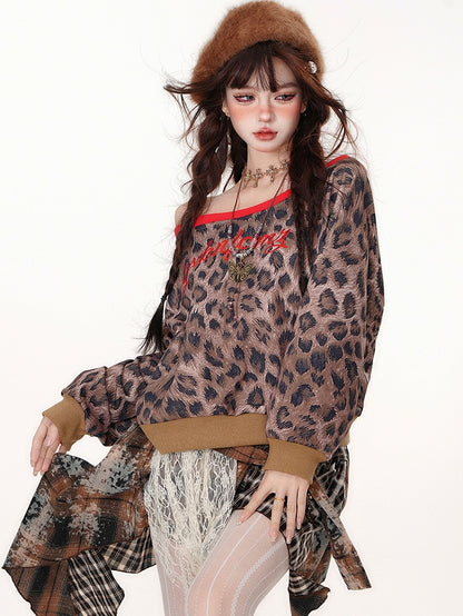 Leopard Pattern Asymmetrical Neckline Sweatshirt