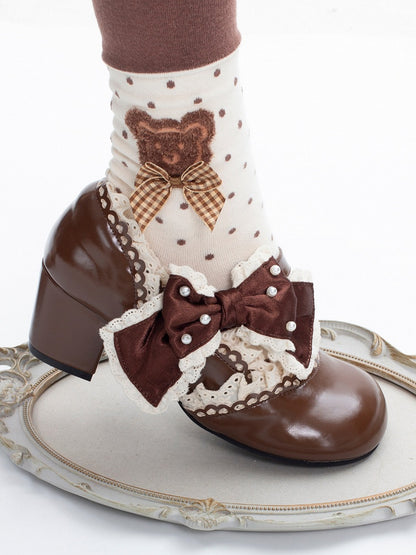 Brown Beaded Lolita Leather in Bow Trim Mid-heel Janes Heart Lace with Beads Mary Buckle Decorated PU