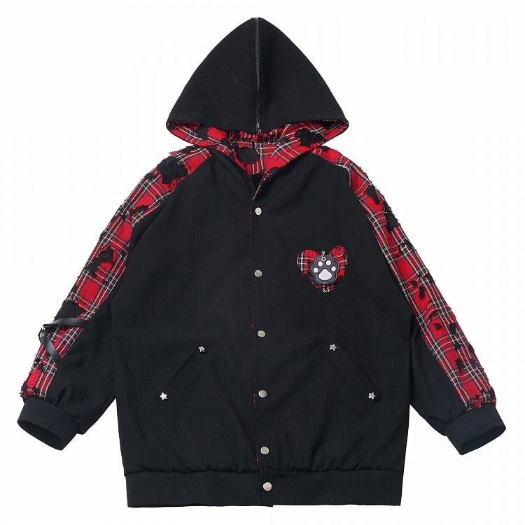 Red Plaid Sailor Collar Heart Applique Black Hooded Jacket