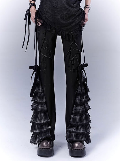 Black Lace-up Front Tiered Plaid Cuffs Slim-fitting Pants