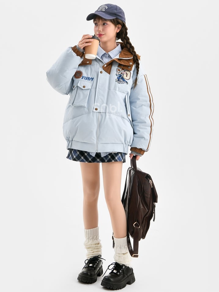 Applique Blue Thick Hooded Jacket