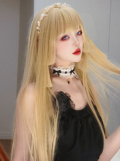 Blonde Hime Cut Long Straight Synthetic Wig with Double Claw Clips