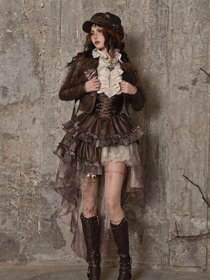 Brown Western Style Steampunk Asymmetrical Overall Dress with Detachable Train