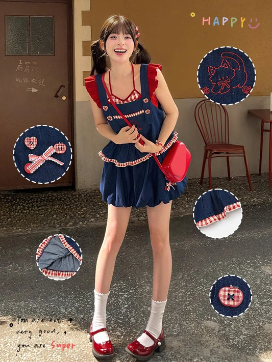 Red Plaid Hem Kitty Embroidery Buttons Heart Blue Sleeveless Top