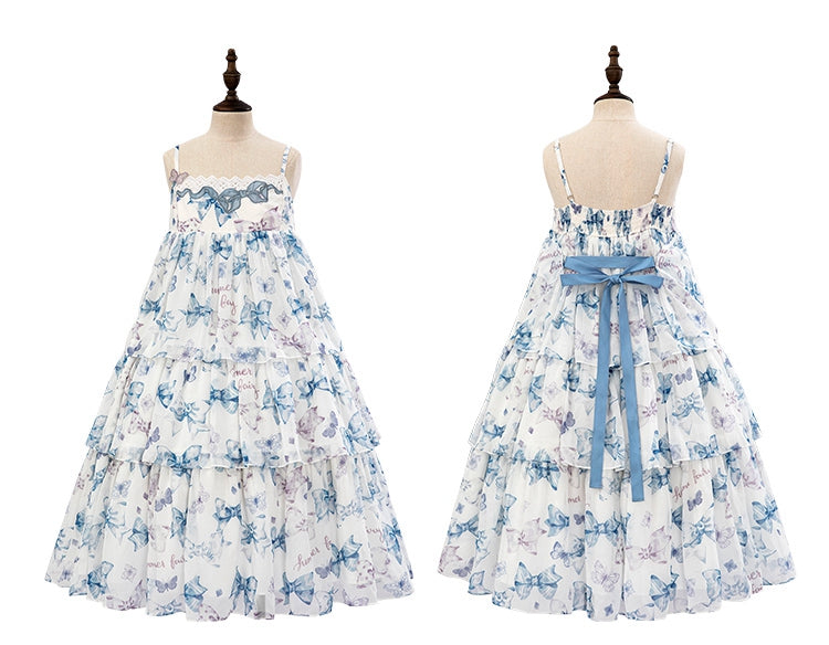 Robe Lolita d'été bleue taille haute avec imprimé nœuds et jupe à volants