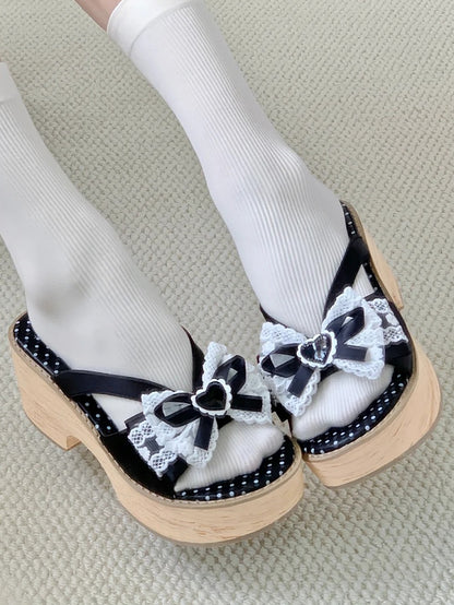 Bow Wa Heart Black White Applique Lolita Comfy Lace Slippers - Trimmed