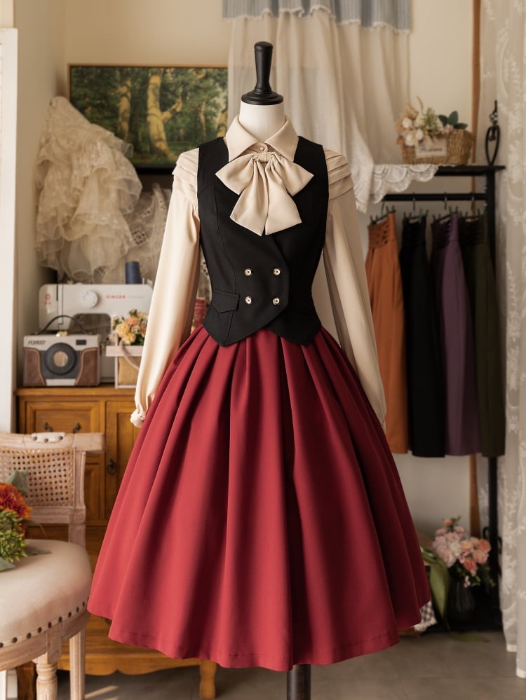 Red High Waist Pleated Hem Lolita Skirt Lace-up