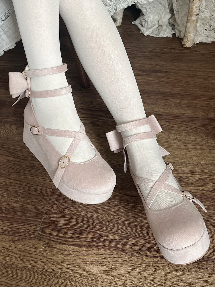 Platforms Wedge Bow Velvet Design Crisscross Pink - Accent Sweet