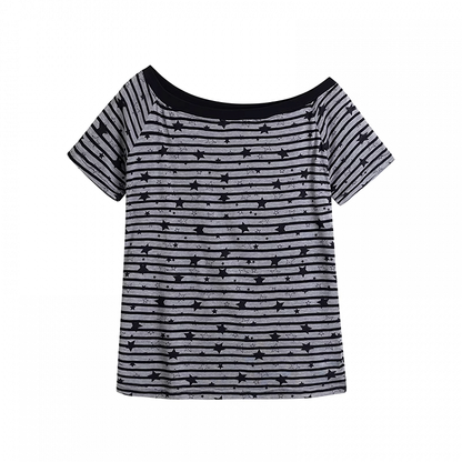 Print Gestreiftes T-Shirt Grau Asymmetrischer Ausschnitt Allover Star