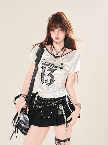 Applique Core T-Shirt Letter Embroidery Lace Blokette Side Drawstring Number Pink/White