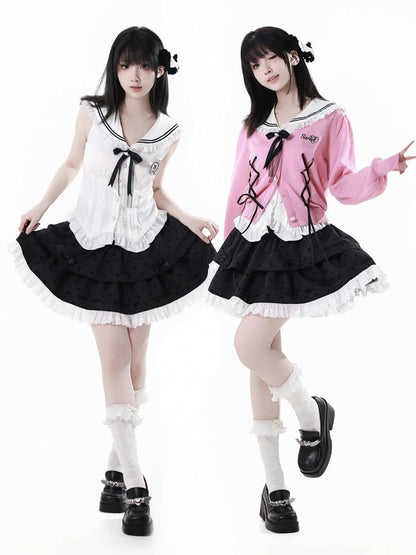 Pink Lace-up Details Front Heart Button Placket Summer Knit Cardigan
