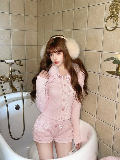 Hoodie Cardigan With Fur Knit Bow Pink Collar Faux