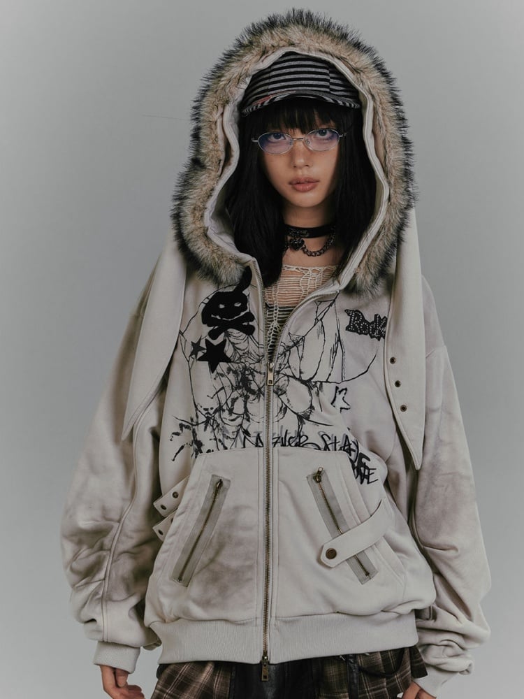 Spiderweb and Skeleton Gray Punk Rock Bunny Ears Winter Zip Hoodie