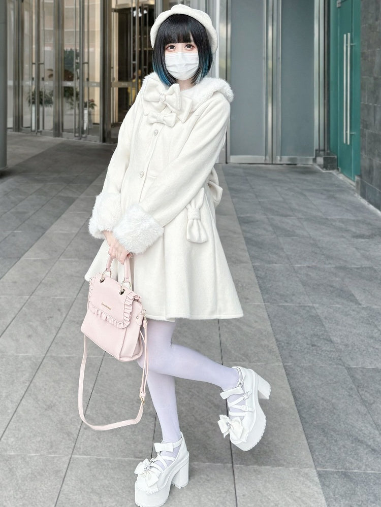 Bowknot Jirai Beige Kei Details Collar and Decorated Plush Cuffs Coat Beaded