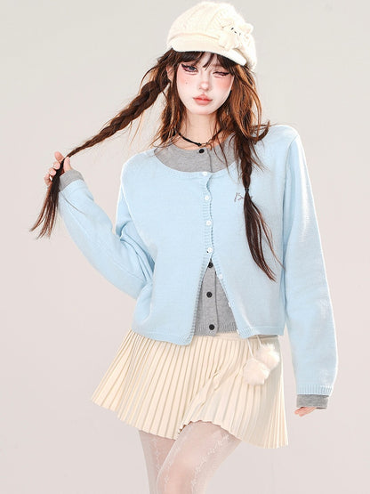 Blue/Dark Grey Fake Two-piece Design Cardigan